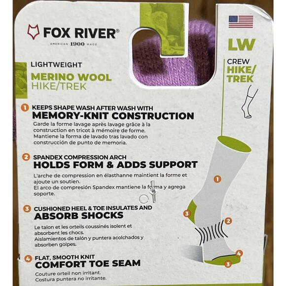 Fox River Hike/Trek Womens Sz M Basecamp 2.0 Crew Sock Merino Wool Pink/Purple - Picture 6 of 7